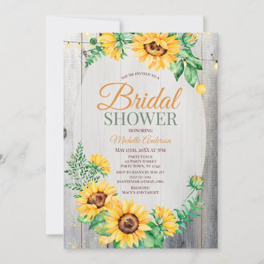 ひまわり素朴の木とライトのブライダルシャワー 招待状 (正面)
