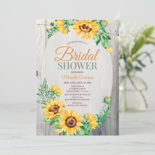 ひまわり素朴の木とライトのブライダルシャワー 招待状 (スタンド正面)