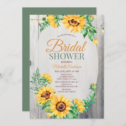 ひまわり素朴の木とライトのブライダルシャワー 招待状 (正面/裏面)