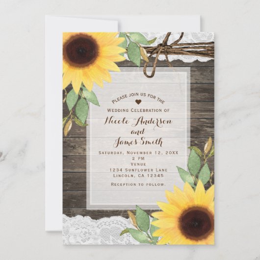 ひまわり素朴の木とレースの国の結婚式 招待状 (正面)