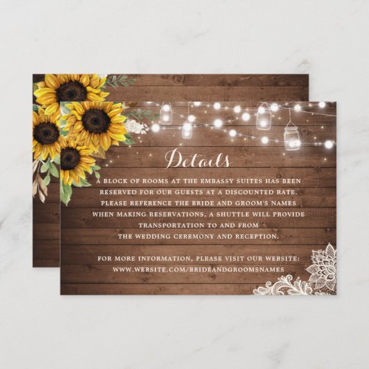 ひまわり素朴の木のストリングライト詳細挿入 招待状 (正面/裏面)