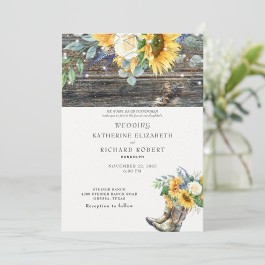 ひまわり素朴の木のブーツ&ライト 招待状 (スタンド正面)