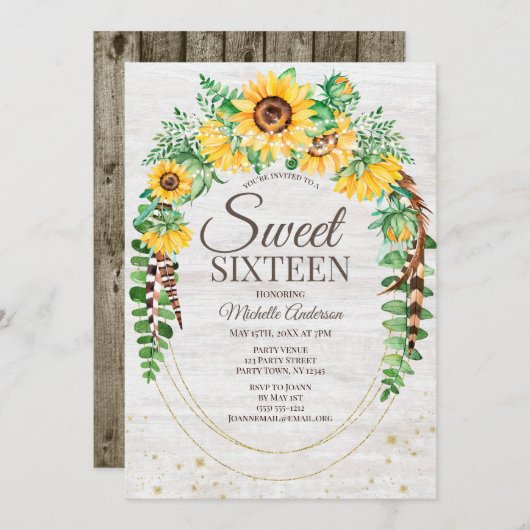 ひまわり素朴の木のライトSweet sixteen 招待状 (正面/裏面)