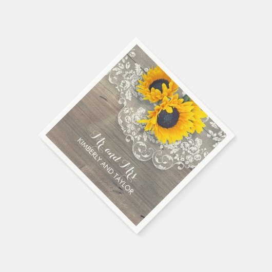 ひまわり素朴の木のレース国の結婚式 スタンダードカクテルナプキン (角)