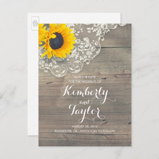 ひまわり素朴の木のレース日付を保存 案内ポストカード (正面/裏面)