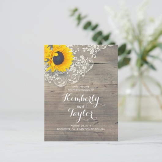 ひまわり素朴の木のレース日付を保存 案内ポストカード (スタンド正面)