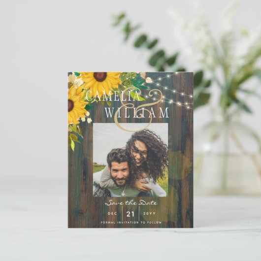 ひまわり素朴の木の写真ウェディング日付を保存 (スタンド正面)