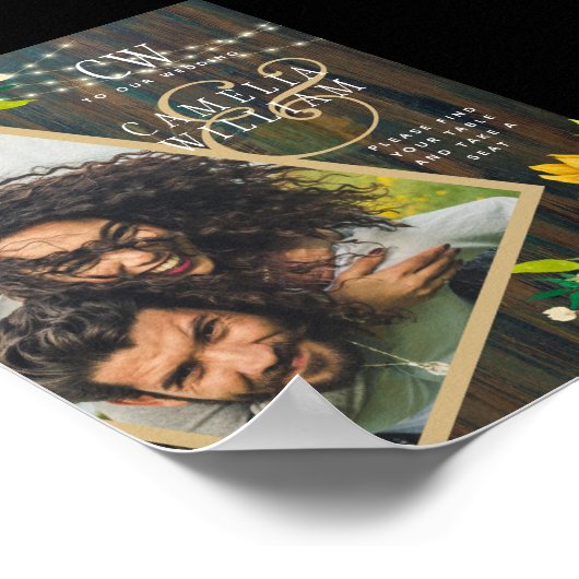 ひまわり素朴の木の写真ウェディング日付を保存 ポスター (角)