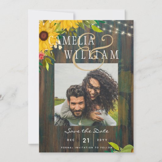 ひまわり素朴の木の写真ウェディング日付を保存 招待状 (正面)