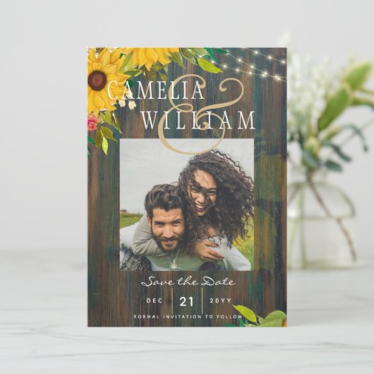 ひまわり素朴の木の写真ウェディング日付を保存 招待状 (スタンド正面)