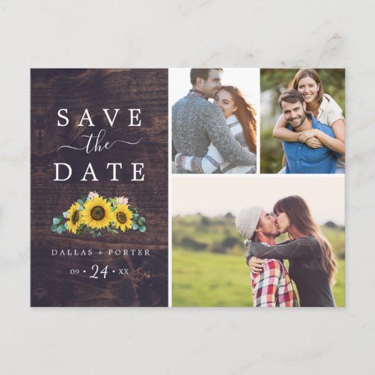 ひまわり素朴の木の写真コラージュ日付を保存 インビテーションポストカード (正面)