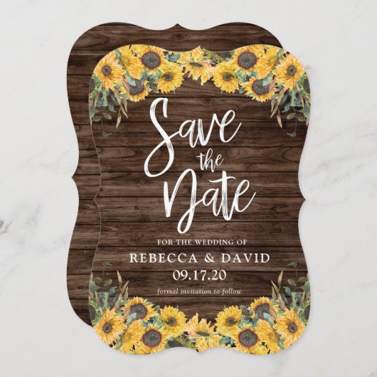 ひまわり素朴の木の納屋の結婚式の日付を保存 招待状 (正面/裏面)