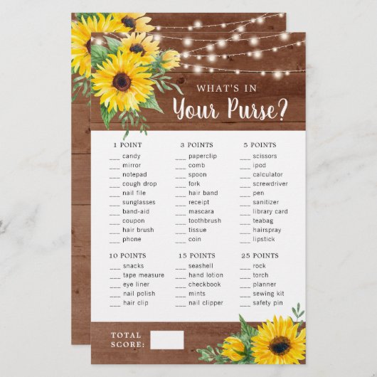 ひまわり素朴の木の財布ブライダルシャワーゲーム (正面/裏面)