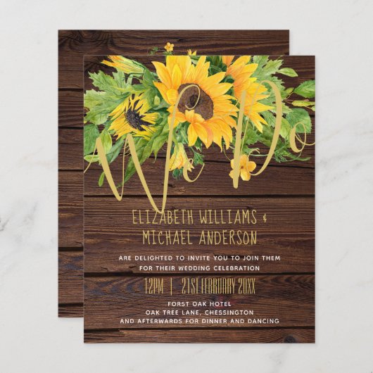 ひまわり素朴の木ボホの結婚式の招待 (正面/裏面)
