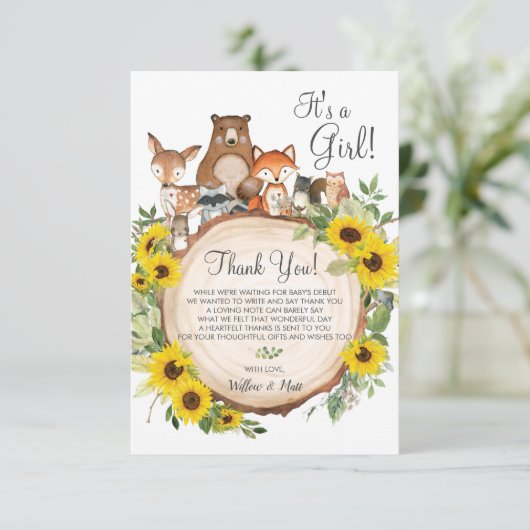 ひまわり素朴の森の動物の赤ちゃんシャワー サンキューカード (スタンド正面)