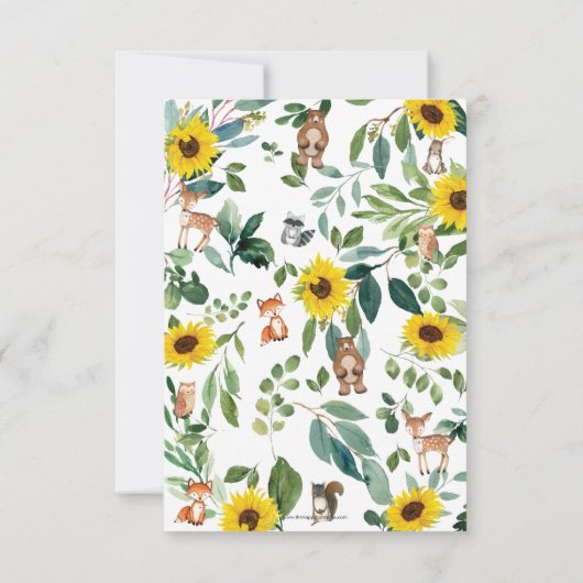 ひまわり素朴の森の動物の赤ちゃんシャワー サンキューカード (裏面)