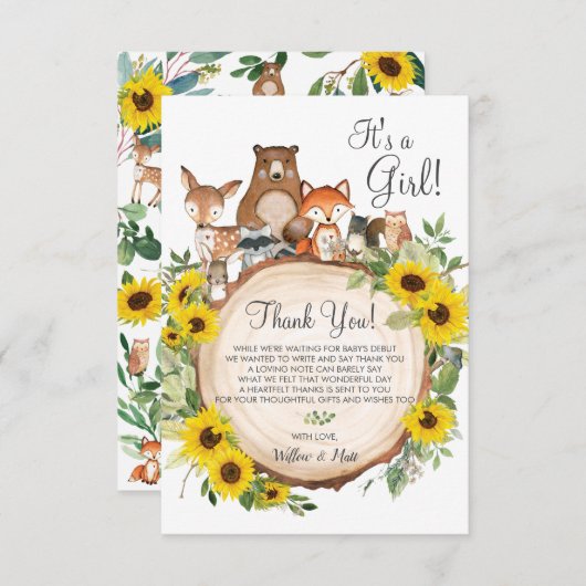 ひまわり素朴の森の動物の赤ちゃんシャワー サンキューカード (正面/裏面)