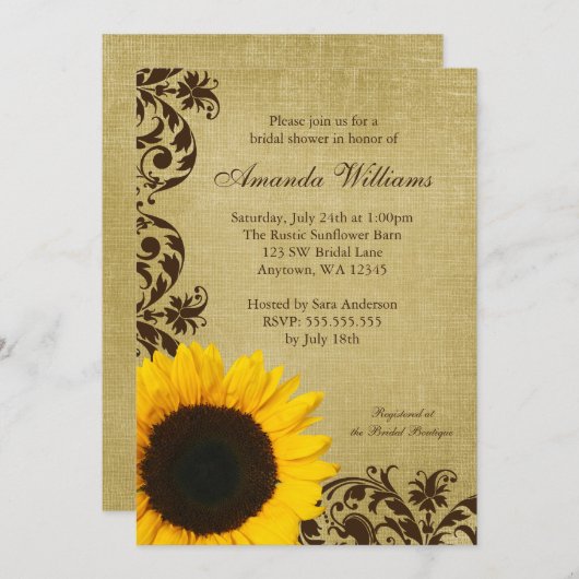 ひまわり素朴の渦巻きブライダルシャワーへの招待 招待状 (正面/裏面)