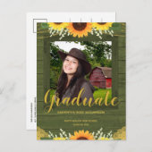 ひまわり素朴の緑と金ゴールドの写真卒業 案内ポストカード (正面/裏面)