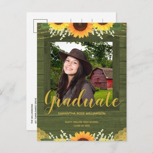 ひまわり素朴の緑と金ゴールドの写真卒業 案内ポストカード (正面/裏面)