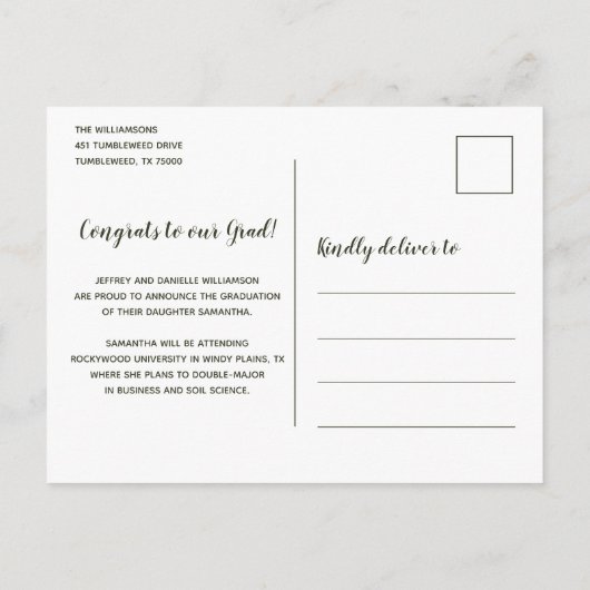 ひまわり素朴の緑と金ゴールドの写真卒業 案内ポストカード (裏面)