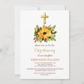 ひまわり素朴の緑の金ゴールドクロスバプテスマ 招待状 (正面)