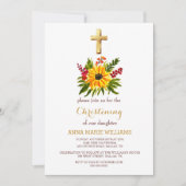 ひまわり素朴の緑の金ゴールドクロスバプテスマ 招待状 (正面)