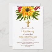 ひまわり素朴の緑の金ゴールドクロスバプテスマ 招待状 (正面)
