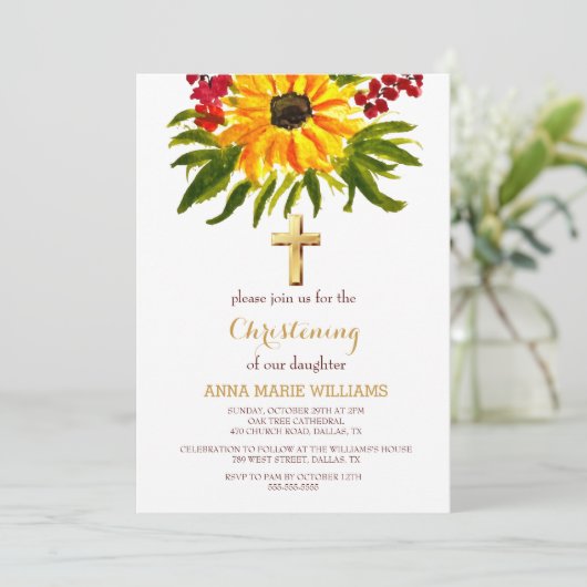 ひまわり素朴の緑の金ゴールドクロスバプテスマ 招待状 (スタンド正面)