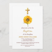 ひまわり素朴の緑の金ゴールドクロスバプテスマ 招待状 (正面/裏面)