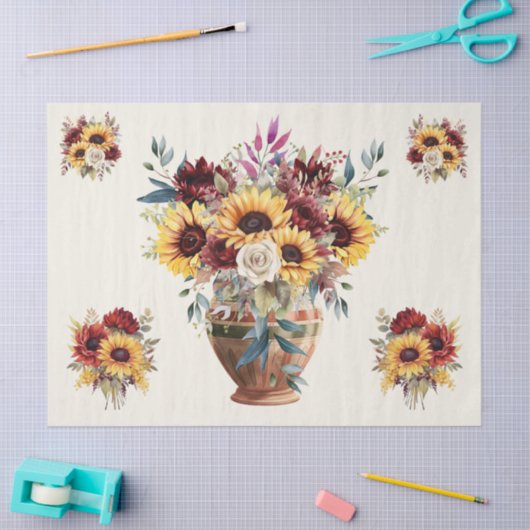 ひまわり素朴の花とブルゴーニュの花模様デコページ 薄葉紙 (クラフト)