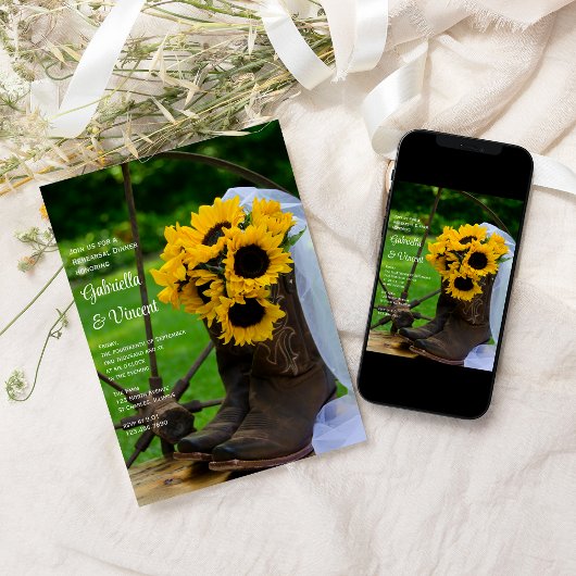 ひまわり素朴の花カウボーイブーツリハーサルディナー 招待状