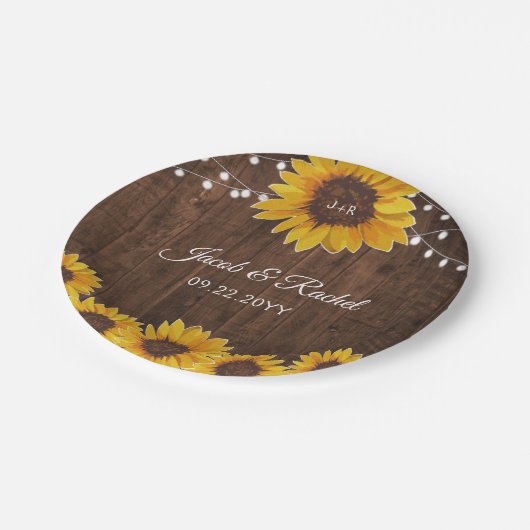 ひまわり素朴の花ストリングライトウッドブライダルシャワー ペーパープレート (アングル)