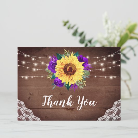 ひまわり素朴の花レースパープルフローラウッド結婚ズ サンキューカード (スタンド正面)