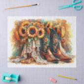 ひまわり素朴の花、カウボーイブーツ、レースティッシュペーパー 薄葉紙 (クラフト)