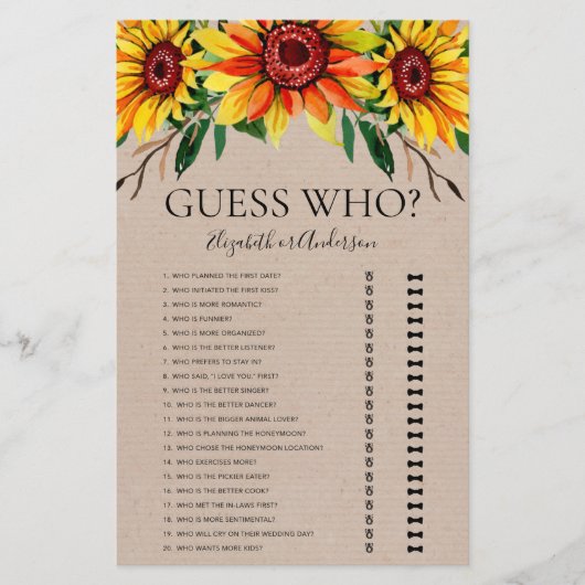 ひまわり素朴は誰を推測ブライダルシャワーゲーム (正面)