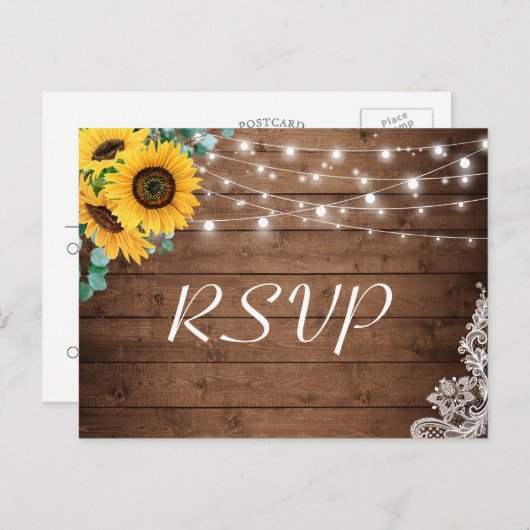 ひまわり素朴ひまわりライトレース結婚式RSVP インビテーションポストカード (正面/裏面)