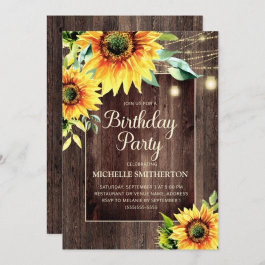 ひまわり素朴ひもがライトウィメンズ誕生日 招待状 (正面/裏面)