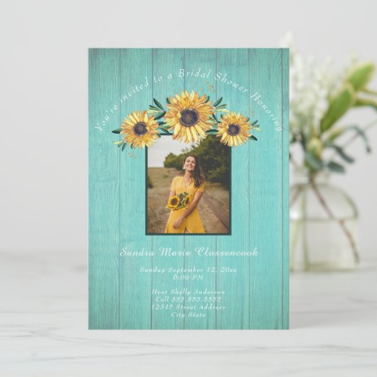 ひまわり素朴アクアウッド結婚ズブライダルシャワーI 招待状 (スタンド正面)
