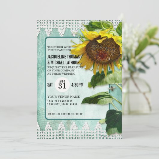 ひまわり素朴アクアブルーホワイトレースガーデンビーツ 招待状 (スタンド正面)