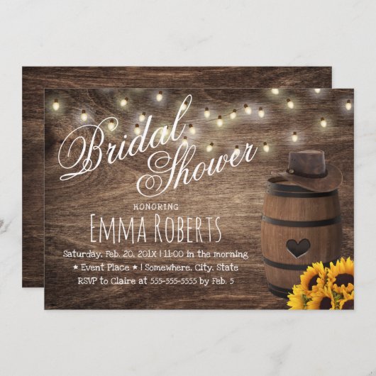 ひまわり素朴ウェスタン女性のカーボーイブライダルシャワー 招待状 (正面/裏面)