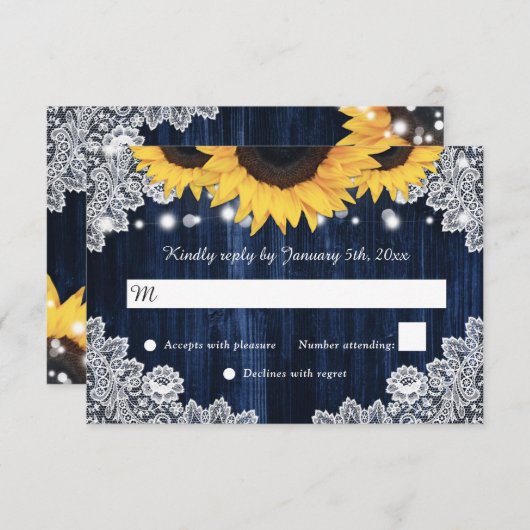 ひまわり素朴ウッドネイビーブルー結婚ズ 出欠カード (正面/裏面)