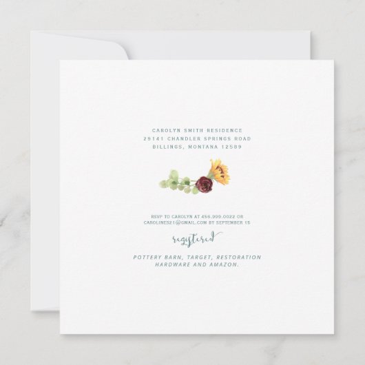 ひまわり素朴ウッドフローラブライダルシャワー 招待状 (裏面)