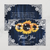 ひまわり素朴ウッドレースネイビーブルー結婚ズ サンキューカード (正面/裏面)