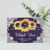 ひまわり素朴ウッドレースパープル結婚ズ サンキューカード (スタンド正面)
