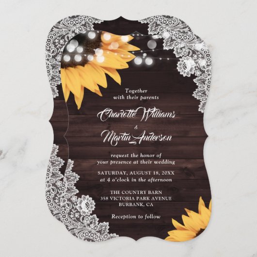 ひまわり素朴ウッドレースモノグラム結婚ズ 招待状 (正面/裏面)
