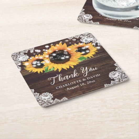 ひまわり素朴ウッドレース結婚の感謝 スクエアペーパーコースター (アングル)