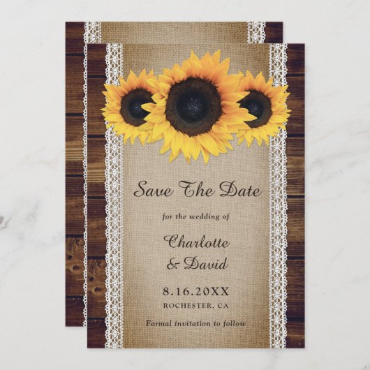 ひまわり素朴カントリーウッドバーラップレース結婚ズ セーブザデート (正面/裏面)