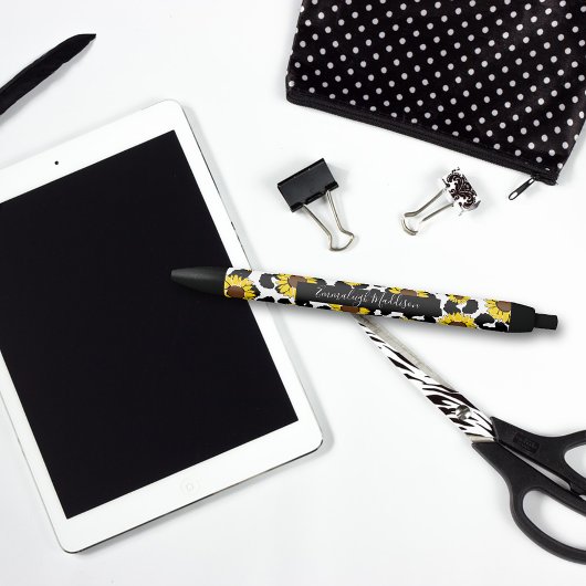 ひまわり素朴カントリーカウズプリント 黒ボールペン