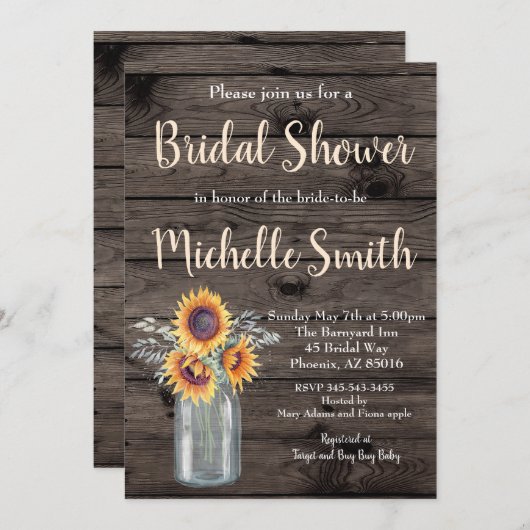 ひまわり素朴カントリーフローラウッドブライダルシャワー 招待状 (正面/裏面)